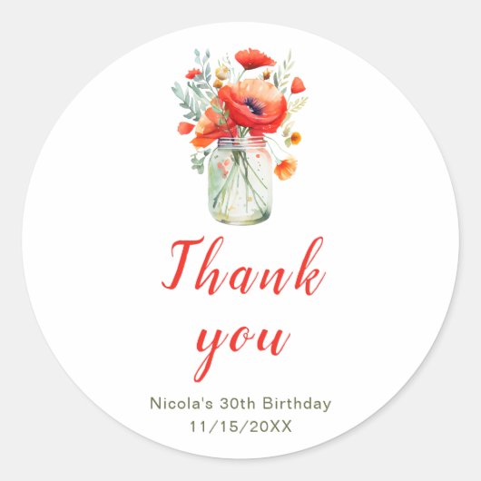 Sticker Rond Red Poppies Mason Jar Anniversaire (Devant)