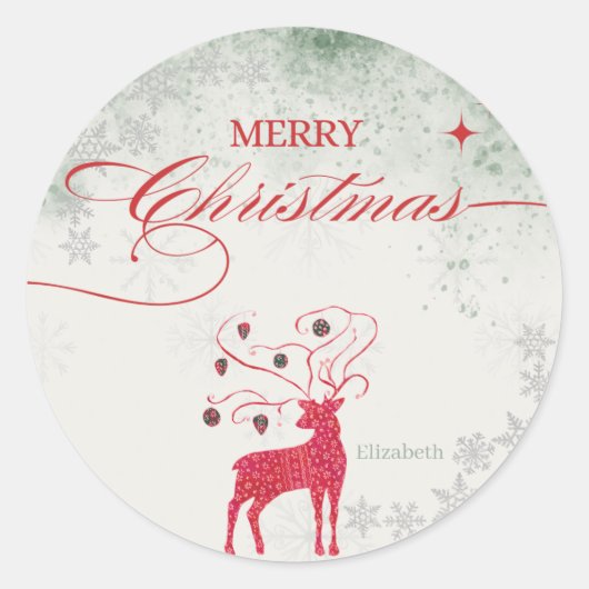 Sticker Rond Red Reindeer Silver Snowflakes Green Christmas (Devant)