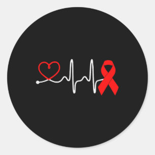 Sticker Rond Red Ribbon Heartbeat Design for Heart Disease Awar