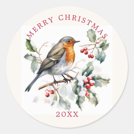 Sticker Rond Red Robin Holly Red Berry Christmas (Devant)