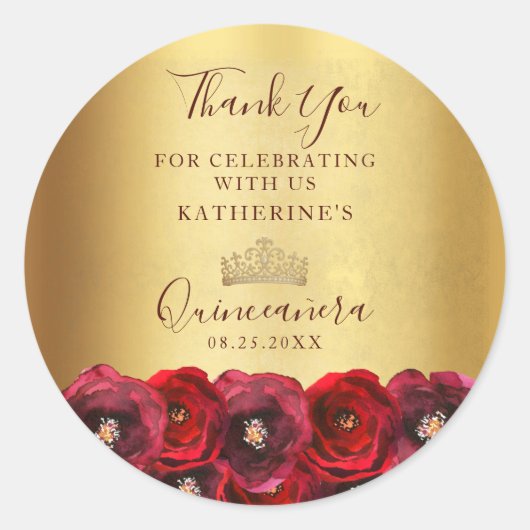 Sticker Rond Red Rose Floral Shiny Gold Crown Quinceañera (Devant)