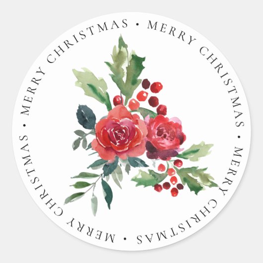 Sticker Rond Red Roses Floral Holly Joyeux Noël (Devant)