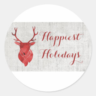 Sticker Rond Red Rustic Watercolor Deer Holiday