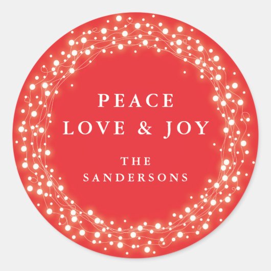 Sticker Rond Red Sparkling Lights Peace Love + Joie Christmas (Devant)