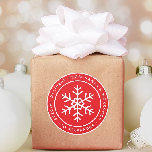 Sticker Rond Red Special Delivery from Santa to Name Snowflake