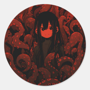 Sticker Rond Red Tentacle Horror Anime Girl