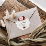 Sticker Rond Red Tropical and Romantic Love & Merci Mariage<br><div class="desc">Cet autocollant rouge tropical et romantique d'amour et de grâce mariage classique rond est parfait pour un mariage de destination. Le design artistique bordo marsala présente des roses d'aquarelle,  verts,  roses,  bordeaux et roux assortis de verdure bien disposés dans un bouquet de fleurs gracieux et radieux.</div>