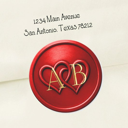Sticker Rond Red Two Hearts Intertwined Monogram Wedding