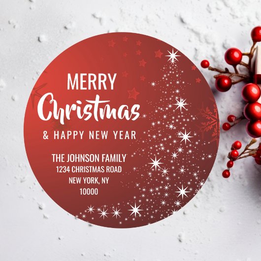 Sticker Rond RED White MERRY CHRISTMAS Tree Adresse de retour