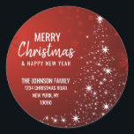 Sticker Rond RED White MERRY CHRISTMAS Tree Adresse de retour<br><div class="desc">Ajoutez ces autocollants d'adresse RETOUR à vos cartes de voeux,  enveloppes,  et ces vacances de Noël blanc ROUGE modernes et personnalisées. Arbre de Noël aux lumières scintillantes rouges et blanches. Texte modifiable - couleur,  police et taille.</div>