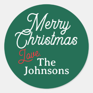 Sticker Rond Red White Script Nom personnalisé Joyeux Noël Vert