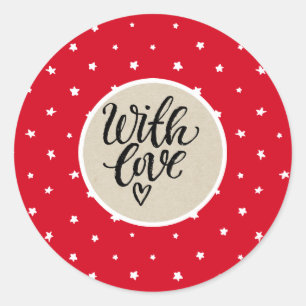 Sticker Rond Red White Stars Whimsical Rustic Kraft Avec Amour