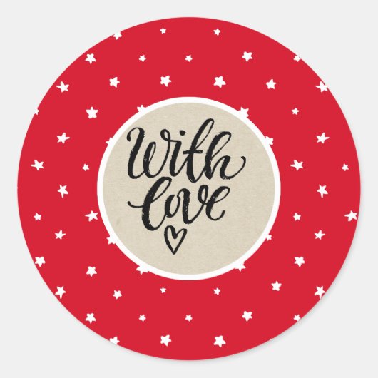 Sticker Rond Red White Stars Whimsical Rustic Kraft Avec Amour (Devant)