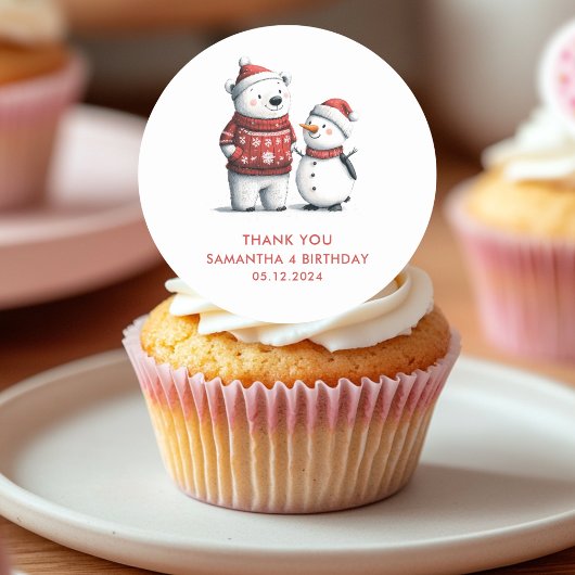 Sticker Rond Red Winter Bear & Snowmen Merci | Hiver