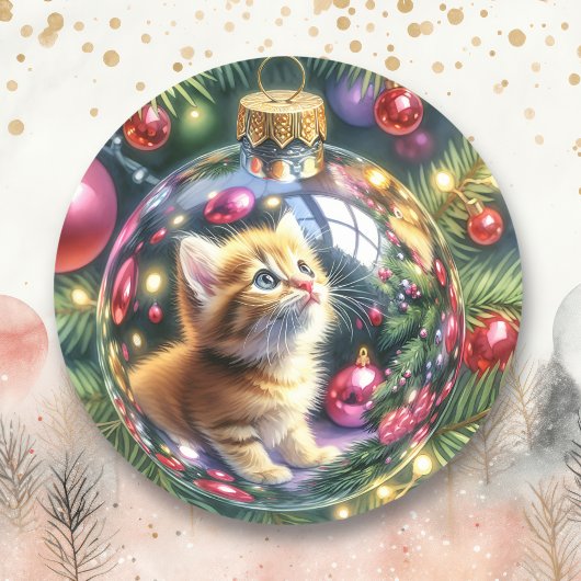 Sticker Rond Réflexion de Kitten dans un ornement de Noël