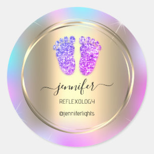 Sticker Rond Réflexologie Pieds bébé or Holographe or violet