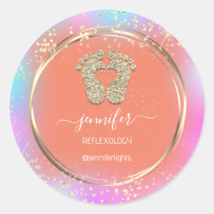Sticker Rond Réflexologie Pieds Coeur Holographe Or Cadre Orang