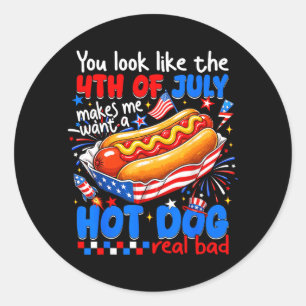 Sticker Rond Regardez comme le 4 juillet drôle de hot-dog améri