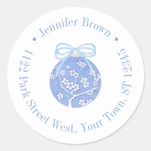 Sticker Rond Regency Blue Christmas Bauble Bow Adresse de retou (Devant)