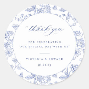 Sticker Rond Regency Blue Floral Mariage Merci