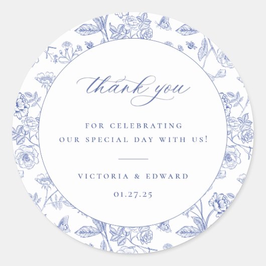 Sticker Rond Regency Blue Floral Mariage Merci (Devant)