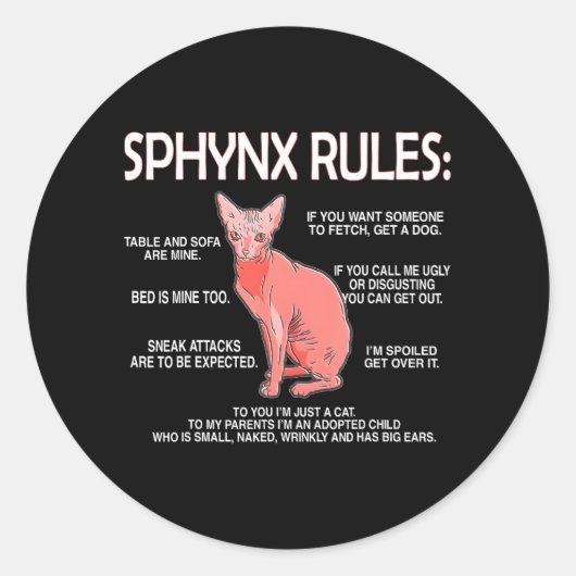 Sticker Rond Règles Sphynx Funny Sphynx Chat propriétaire Chat (Devant)