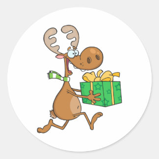 Sticker Rond Reindeer Avec Cadeau De Noël
