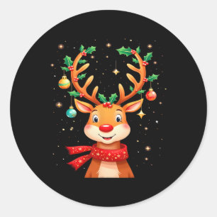 Sticker Rond Reindeer Holly Antlers Enfants de Noël