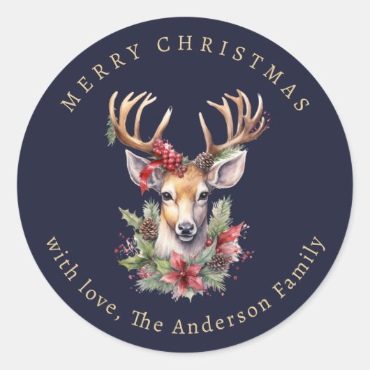 Sticker Rond Reindeer Holly Berries Watercolor Christmas (Devant)