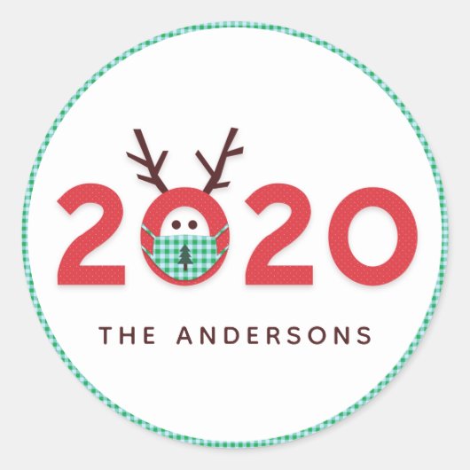Sticker Rond Reindeer Masqué 2020 Custom Holiday Red Green (Devant)
