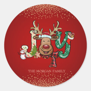 Sticker Rond Reindeer, Snowman, Confetti Red Joyeux Noël