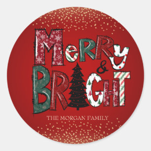 Sticker Rond Reindeer, Snowman, Confetti Red Merry et Bright