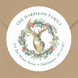 Sticker Rond Reindeer Wreath Christmas Return Adresse<br><div class="desc">Des étiquettes de adresse de Noël sur mesure abordables. Ce joli design hivernal présente une illustration de rennes dans une couronne d'aquarelle de verdure et de baies. Utilisez les outils de conception pour ajouter votre propre texte et vos photos pour créer une étiquette d'adresse de retour, un sceau d'enveloppe ou...</div>