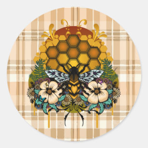 Sticker Rond Reine Abeille Nid d'Abeille Floral Carreaux Cottag