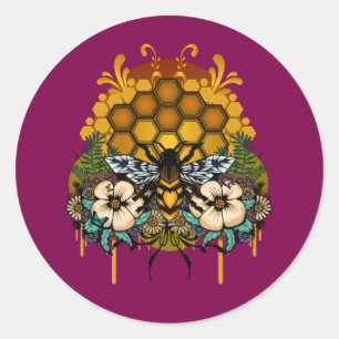 Sticker Rond Reine Abeille Nid d'Abeille Floral Magenta Néon Es