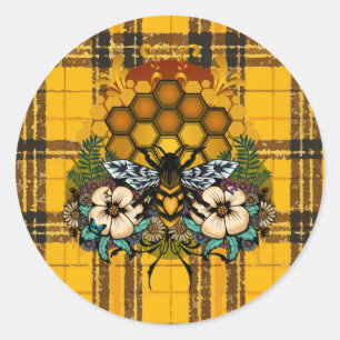 Sticker Rond Reine Abeille Rayon Floral Jaune Marron Carreaux R