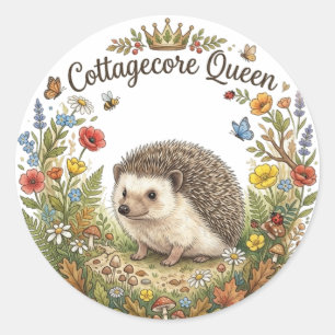 Sticker Rond Reine Cottagecore Hérisson Mignon Couronne Florale
