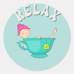 Sticker Rond Relax Girl in Cup of Tea Meditation Time