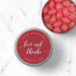 Sticker Rond Relax Script Love and Thanks Custom Color Mariage<br><div class="desc">Un autocollant de faveur de mariage avec les mots "amour et merci" dans un script de relaxation cursive en blanc contre une couleur d'arrière - plan modifiable (cliquez sur customiser pour accéder). Personnalisez-le en remplaçant le texte de l'espace réservé. Pour plus d'options comme changer la police et sa taille/couleur, développer...</div>