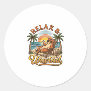 Sticker Rond Relax & Unwind Chat de Plage Design de Gravure Vin
