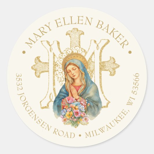 Sticker Rond Religieuse Mère Marie Gold Marian Cross (Devant)