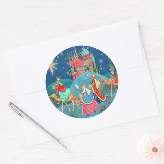 Sticker Rond Religieux bleu Trois Rois Noël (Enveloppe)