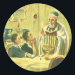 Sticker Rond Religion vintage, judaïsme, éclairage de la Menora<br><div class="desc">Illustration vintage image de judaïque religieuse montrant un rabbin allumant les bougies sur une Menorah pendant Hanoukka avec deux enfants en train de regarder.</div>