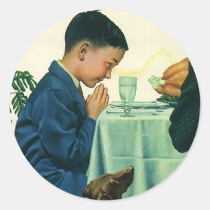 Sticker Rond Religion vintage, un garçon dit grâce à Thanksgivi