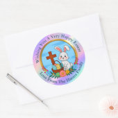 Sticker Rond Religious Happy Easter, Bunny with Cross & Egg (Enveloppe)