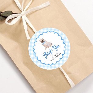 Sticker Rond Remerciement Baby Shower Gingham Bleu Chien