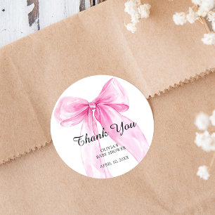 Sticker Rond Remerciement Baby Shower Ruban à Nœud Rose