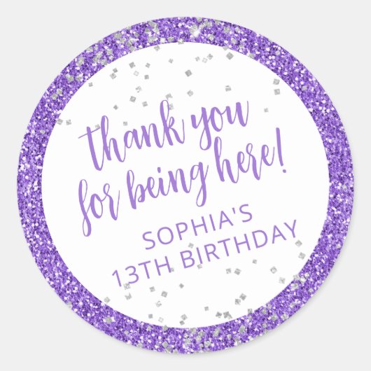 Sticker Rond Remerciement Confetti Paillettes Argent Violet (Devant)