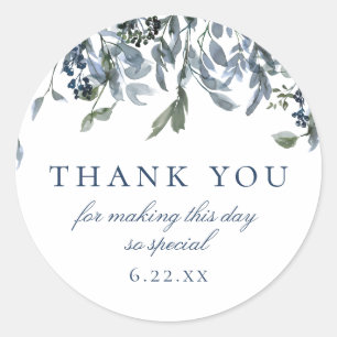 Sticker Rond Remerciement daté floral bleu aquarelle
