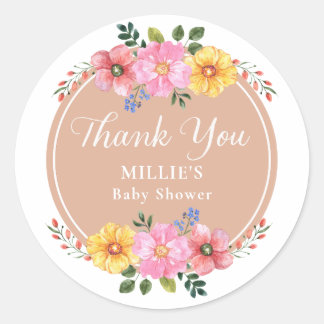 Sticker Rond Remerciement de Baby Shower à l'aquarelle de Fleur